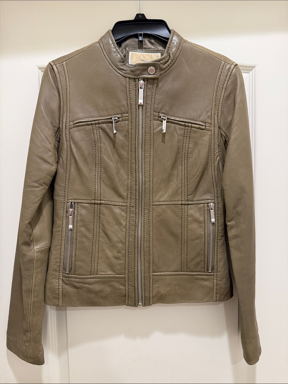 MICHAEL Michael Kors Olive Green Leather Zip-Up Moto Jacket